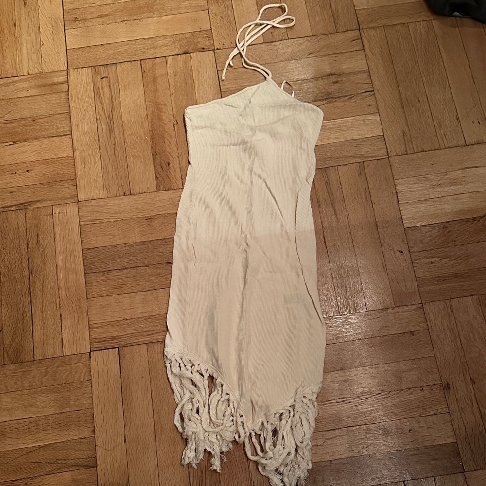 White Fringe Halter Dress